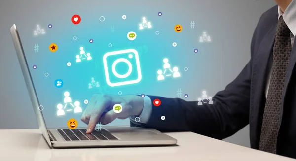 Hand Surfing Social Media Camera Icons Coming Out Screen Networking — Stock Photo, Image