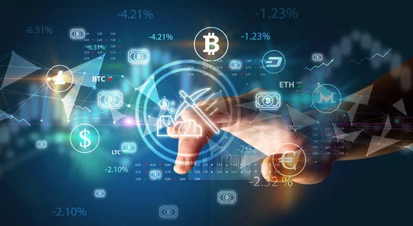Üzletember Kéz Nyomja Crypto Bányászat Szimbólum Multimédia Érintőképernyőn Futurisztikus Koncepció — Stock Fotó