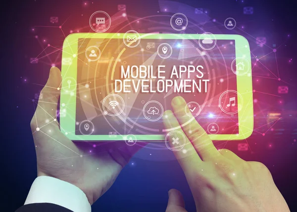 Close Van Een Tablet Met Mobile Apps Ontwikkeling Inscriptie Innovatief — Stockfoto