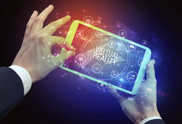 Zbliżenie Tabletu Napisem Virtual Reality Innowacyjna Koncepcja Technologii — Zdjęcie stockowe
