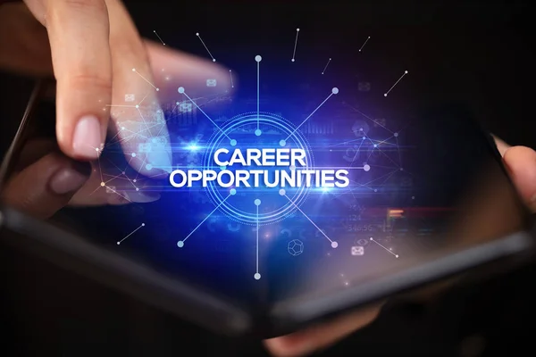 Empresário Segurando Smartphone Dobrável Com Inscrição Career Opportunities Novo Conceito — Fotografia de Stock