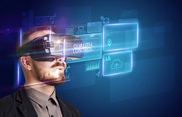 Businessman Looking Virtual Reality Glasses Quality Control Inscription New Technology — ストック写真