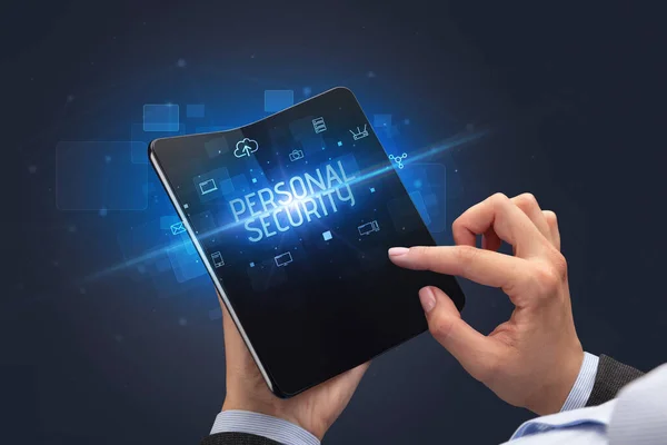 Businessman Holding Foldable Smartphone Personal Security Inscription Cyber Security Concept — Stock Photo, Image