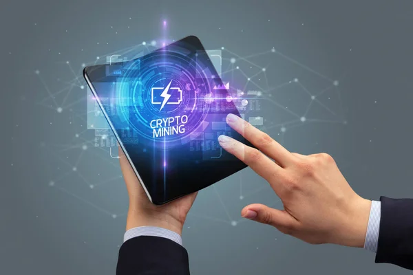 Businessman Holding Foldable Smartphone Renewable Inscription New Technology Concept Crypto — Stock Photo, Image