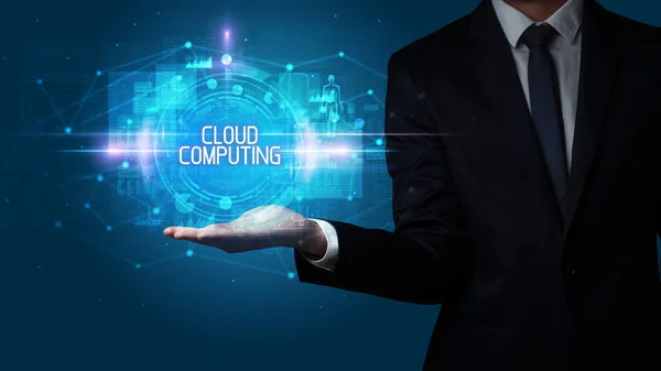 Man Hand Holding Cloud Computing Επιγραφή Έννοια Της Τεχνολογίας — Φωτογραφία Αρχείου
