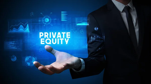 Hand Affärsman Som Innehar Private Equity Inskription Affärsnytta Koncept — Stockfoto