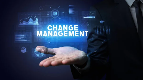 Hand Businessman Holding Change Management Επιγραφή Επιχειρηματική Επιτυχία Έννοια — Φωτογραφία Αρχείου