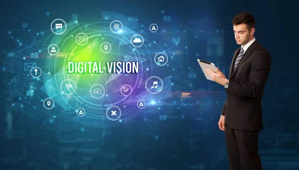 Affärsman Tänkande Framför Teknik Relaterade Ikoner Och Digital Vision Inskription — Stockfoto
