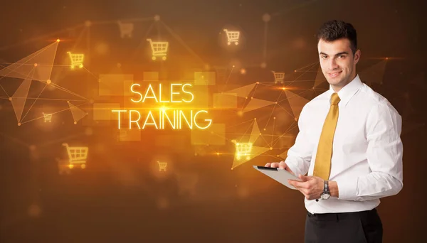 Affärsman Med Kundvagn Ikoner Och Försäljning Training Inskription Online Shopping — Stockfoto