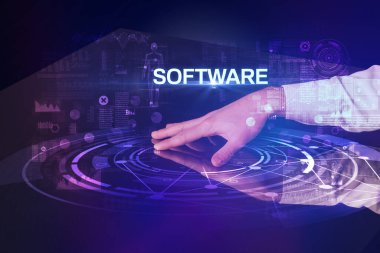 İş adamı SOFTWARE yazıtları ve modern teknoloji konseptiyle büyük ekrana dokunuyor