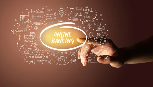 Mão Tocando Online Banking Inscrição Ícones Desenhados Mão Redor Conceito — Fotografia de Stock