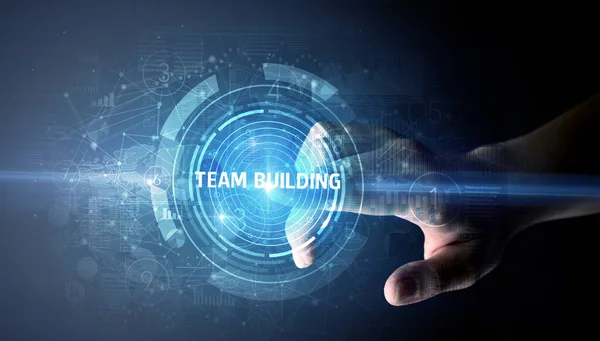 Hand Touching Team Building Button Modern Business Technology Concept — Stock Photo, Image