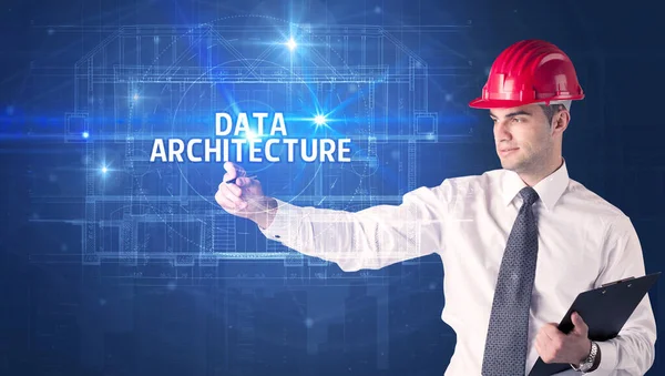 Snygg Arkitekt Med Hjälmteckning Data Architecture Inskription Teknik Koncept — Stockfoto