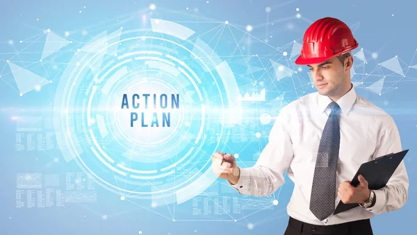 Przystojny Biznesmen Rysunkiem Kasku Napis Plan Action Koncepcja Biznesu Contruction — Zdjęcie stockowe