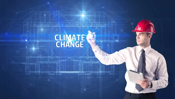 Handsome Architect Helmet Drawing Climate Change Inscription New Technology Concept — Stock Photo, Image