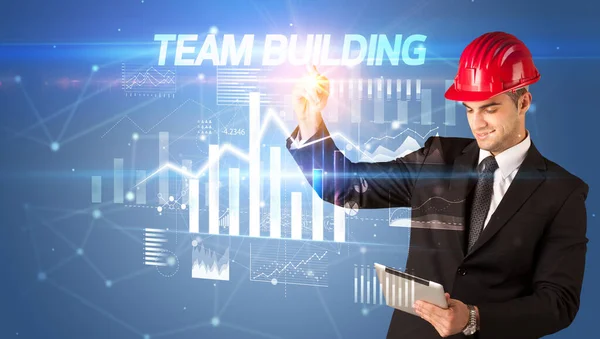 Handsome Businessman Helmet Drawing Team Building Inscription Architecture Business Plan — 스톡 사진
