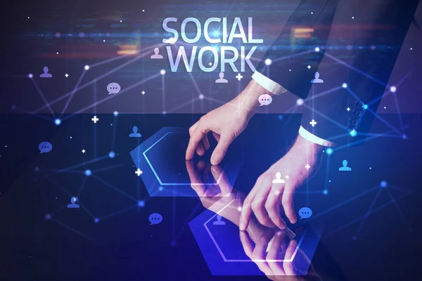 Navegando Redes Sociais Com Inscrição Social Work Novo Conceito Mídia — Fotografia de Stock