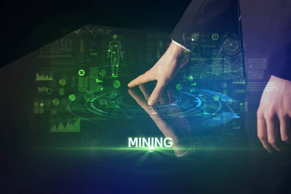Businessman Touching Huge Display Mining Inscription Modern Technology Concept — Stock Photo, Image