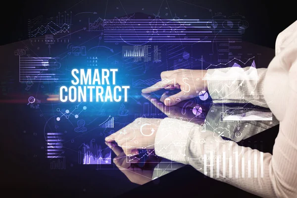 Businessman Touching Huge Screen Smart Contract Inscription Cyber Business Concept — Stock Photo, Image