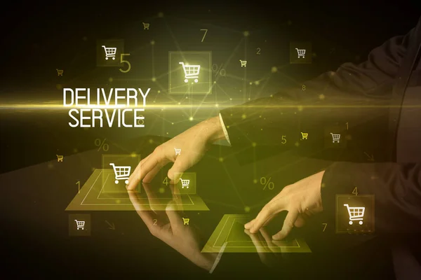 Compras Online Com Delivery Service Conceito Inscrição Com Ícones Carrinho — Fotografia de Stock
