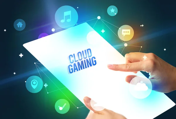 Проведение Футуристического Планшета Надписью Cloud Gaming Новая Концепция Технологии — стоковое фото