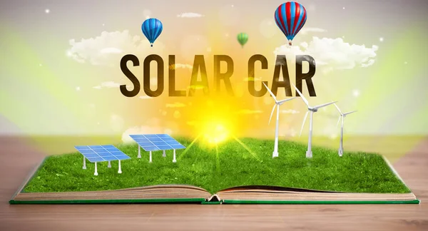 Άνοιγμα Βιβλίου Επιγραφή Solar Car Έννοια Των Ανανεώσιμων Πηγών Ενέργειας — Φωτογραφία Αρχείου