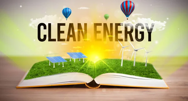Open Boek Met Inscriptie Clean Energy Concept Hernieuwbare Energie — Stockfoto