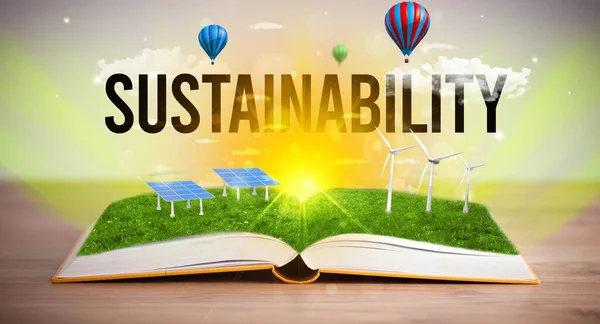 Livro Aberto Com Inscrição Sustentabilidade Conceito Energia Renovável — Fotografia de Stock