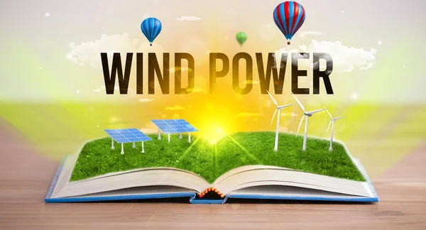 Livro Aberto Com Inscrição Wind Power Conceito Energia Renovável — Fotografia de Stock