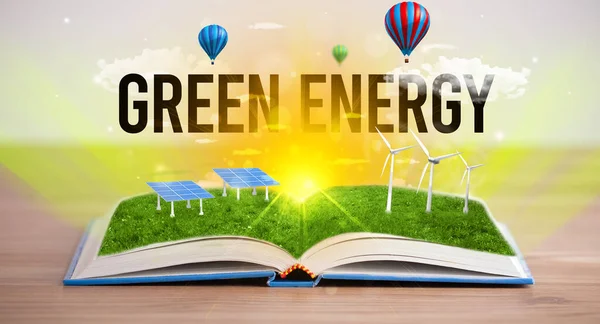 Green Energy Yazıtlı Açık Kitap Yenilenebilir Enerji Kavramı — Stok fotoğraf