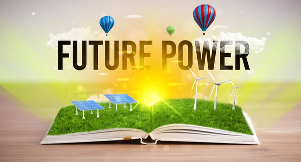 Offenes Buch Mit Zukunft Power Beschriftung Konzept Für Erneuerbare Energien — Stockfoto