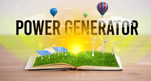 Offenes Buch Mit Power Generator Inschrift Konzept Für Erneuerbare Energien — Stockfoto