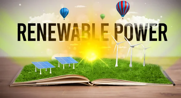 Livro Aberto Com Inscrição Poder Renovável Conceito Energia Renovável — Fotografia de Stock