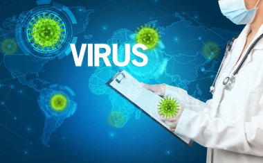 Doktor, VIRUS yazıtları ve viroloji konseptiyle tıbbi kayıtları dolduruyor.