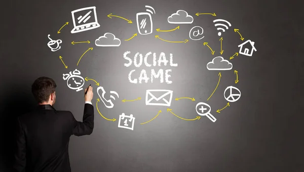 Affärsman Rita Sociala Medier Ikoner Med Social Game Inskription Nya — Stockfoto
