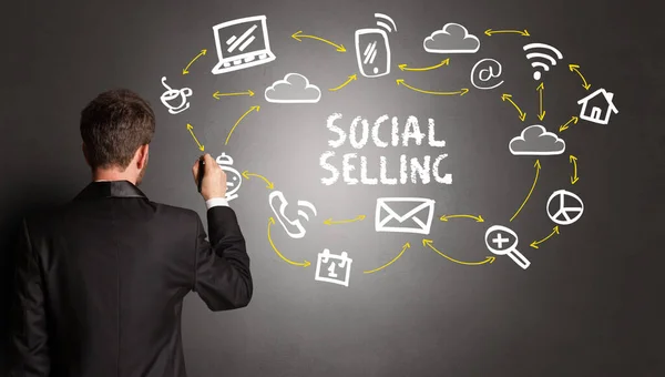 Businessman Drawing Social Media Icons Social Selling Inscription New Media — Stock Photo, Image