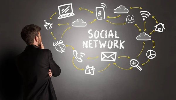 Affärsman Rita Sociala Medier Ikoner Med Social Network Inskription Nya — Stockfoto