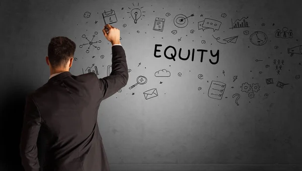 Geschäftsmann Zeichnet Eine Kreative Ideenskizze Mit Equity Aufschrift Geschäftsstrategie Konzept — Stockfoto