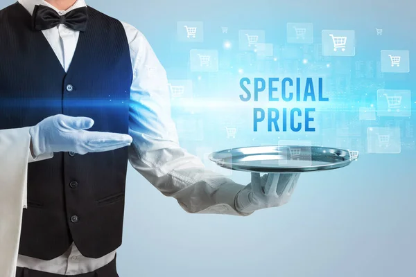 Waiter Serving Special Price Inscription Online Shopping Concept — Stock Photo, Image