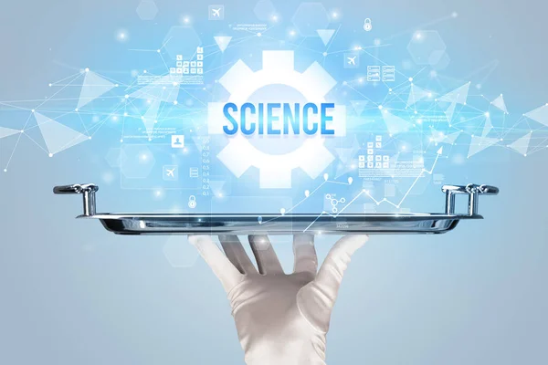 Camarero Sirviendo Concepto Nueva Tecnología Con Inscripción Ciencia —  Fotos de Stock