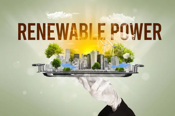 再生可能エネルギーの碑文 再生可能エネルギーの概念を持つエコシティにサービスを提供するウェイター — ストック写真