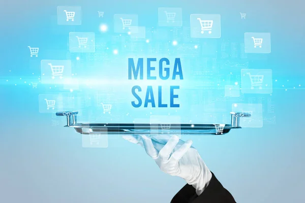 Офіціант Обслуговує Напис Mega Sale Концепція Онлайн Покупки — стокове фото