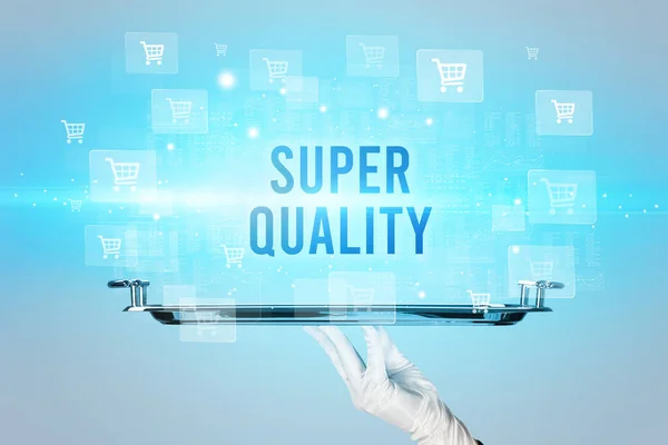 Číšník Servírující Nápis Kvality Super Koncept Nakupování Online — Stock fotografie