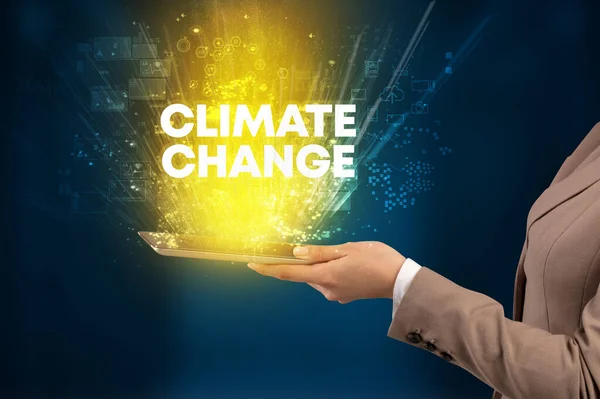 Närbild Pekskärm Med Climate Change Inskription Innovativt Teknikkoncept — Stockfoto