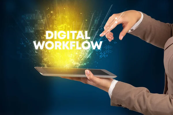 Nahaufnahme Eines Touchscreens Mit Digital Workflow Beschriftung Innovatives Technologiekonzept — Stockfoto