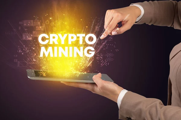 Close Touchscreen Crypto Mining Inscription Innovative Technology Concept — Stock Photo, Image