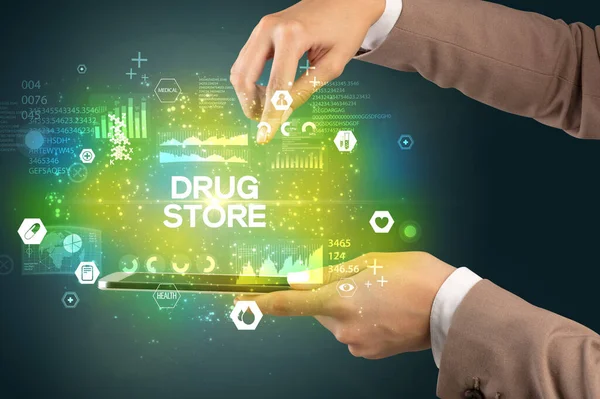 Close Touchscreen Drug Store Inscription Medical Concept — Stock Photo, Image