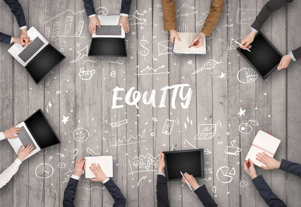 Grupo Empresarios Que Trabajan Oficina Con Inscripción Equity Concepto Coworking —  Fotos de Stock