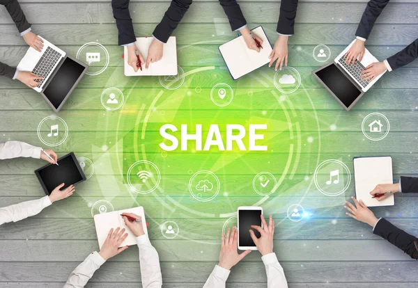 Group People Having Meeting Share Insciption Social Networking Concept — Stock Photo, Image