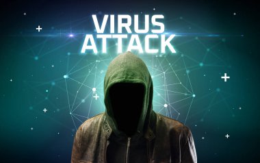 VIRUS ATTACK yazıtlı gizemli hacker, çevrimiçi saldırı konsepti yazıt, çevrimiçi güvenlik kavramı